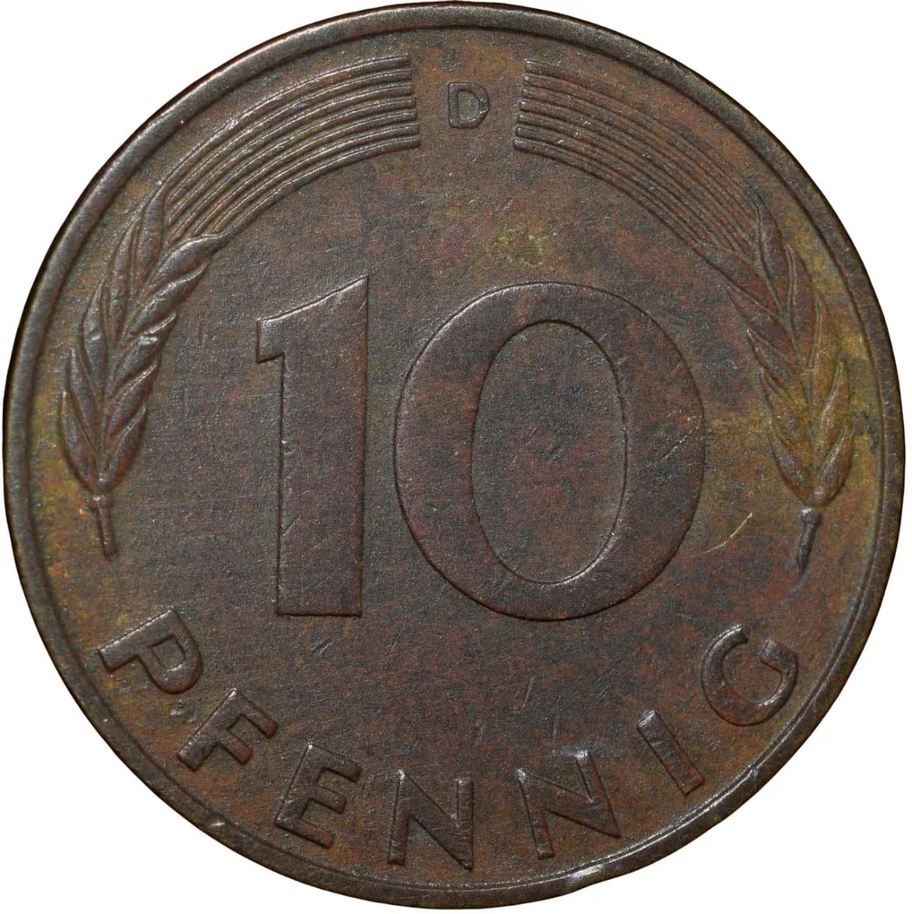 Brass 10 Pfennig of Germany (AD 1977) with Oak Sapling
