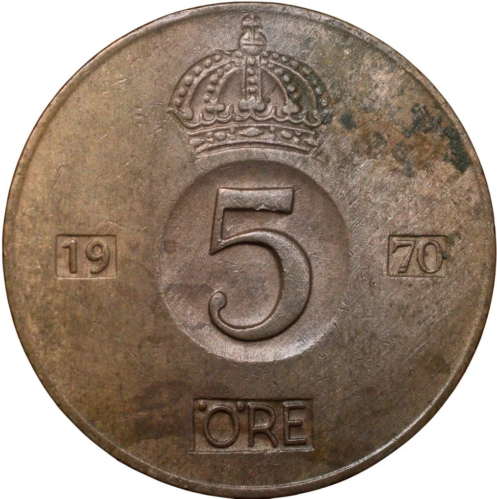 Bronze 5 Ore of Gustaf VI (AD 1970) of Sweden