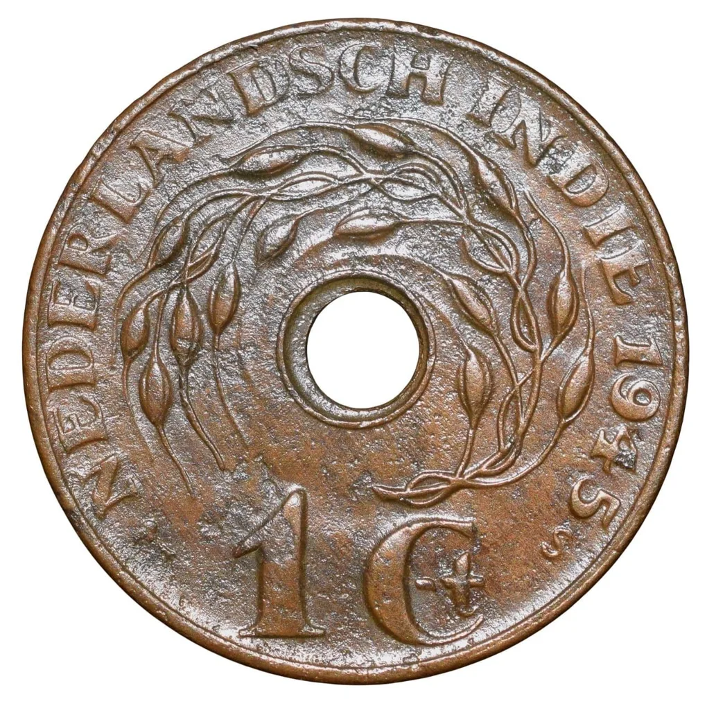 Bronze 1 Cent of Indonesia - Nederland East India (AD 1945) with Lotus Flower Ring Type Rare