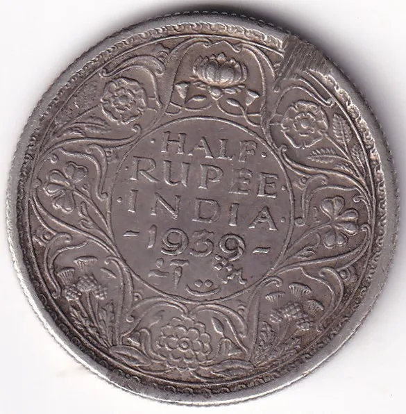 1939 Mature Head George VI Half Rupee Edge Damage Silver Rare Coin