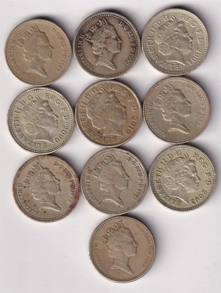 10 Different England One Pound Rare (10 Pcs) Coin Set #D-177