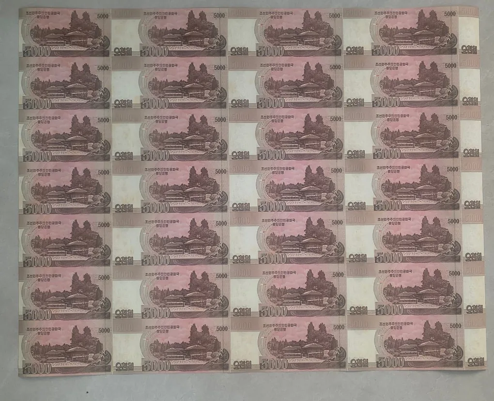 North Korea 5000 WON Rare Specimen 0000000 ( 28 Note ) Uncut Sheet