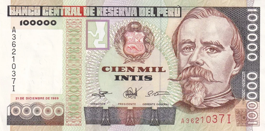 Peru 100 000 Intis (segmented foil security thread) Rare UNC Note