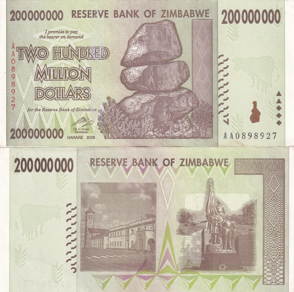 Zimbabwe 200000000 Rare UNC Note #Q