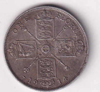 United Kingdom 1 Florin 1914 - George V 1st issue Rare Silver coin