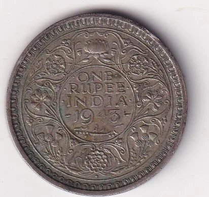 India - British 1 Rupee 1943 (Rare Date) - George VI Rare Silver Coin