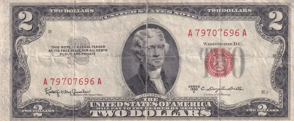 United States 2 Dollar (Red Seal right; no motto) Rare Note #B-2