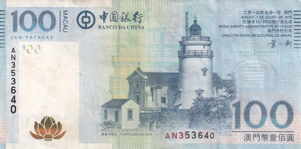 China › Macau 100 Patacas Banco da China Rare World Note #B2