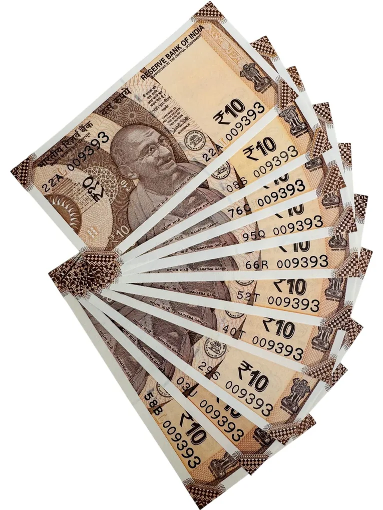 Rs 10 India Banknote 10 Banknotes Number 009393 Unique and Rare