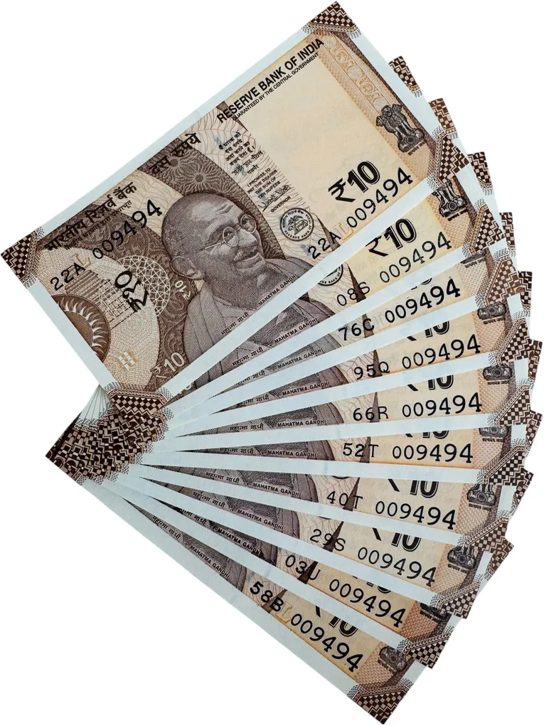 Rs 10 India Banknote 10 Banknotes Number 009494 Unique and Rare