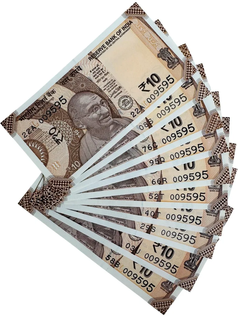 Rs 10 India Banknote 10 Banknotes Number 009595 Unique and Rare