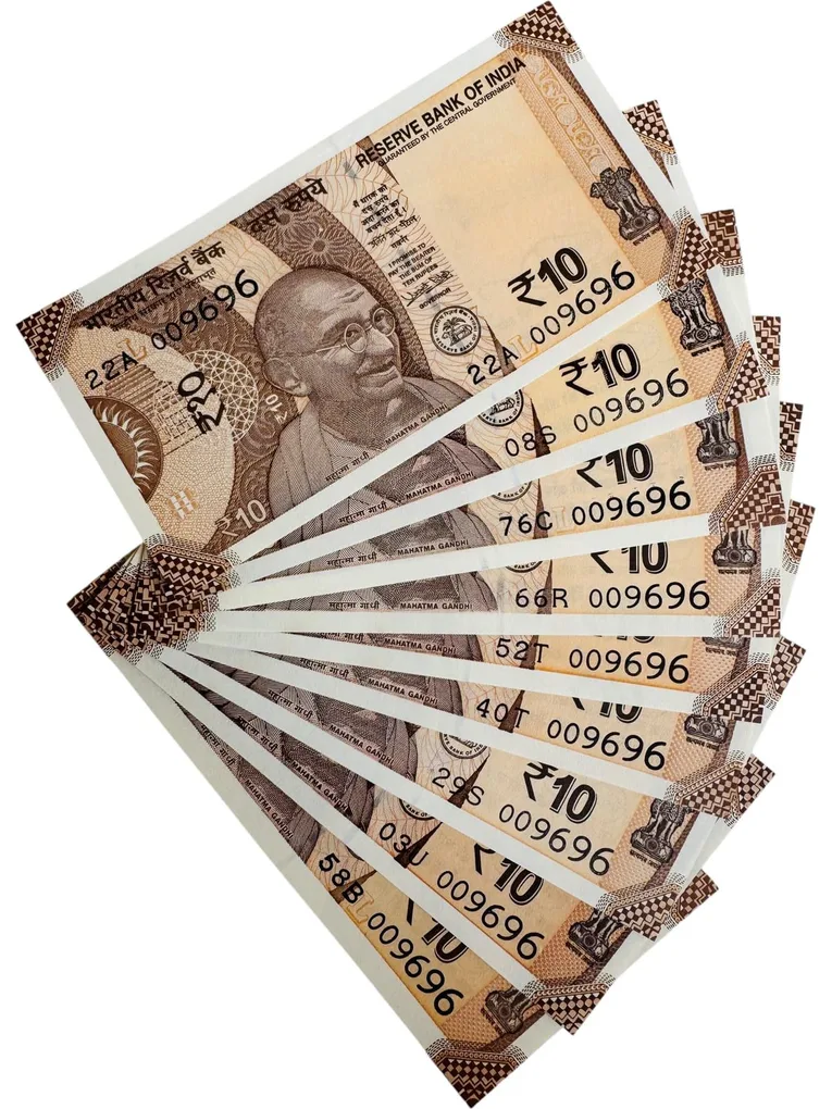 Rs 10 India Banknote 10 Banknotes Number 009696 Unique and Rare