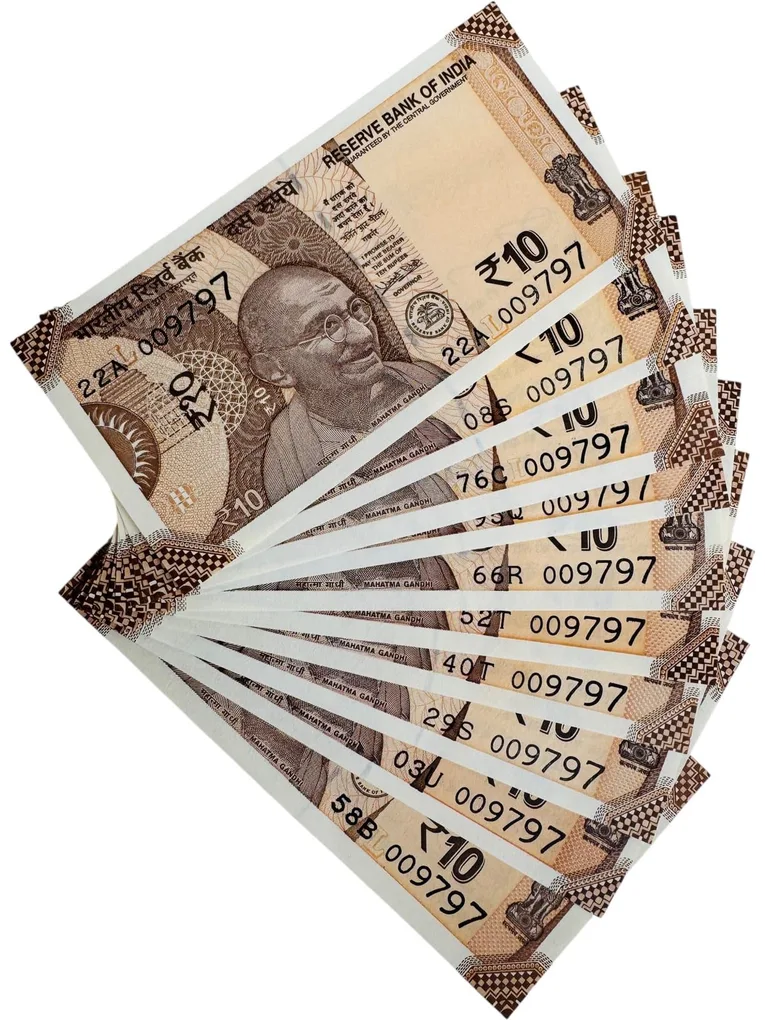 Rs 10 India Banknote 10 Banknotes Number 009797 Unique and Rare