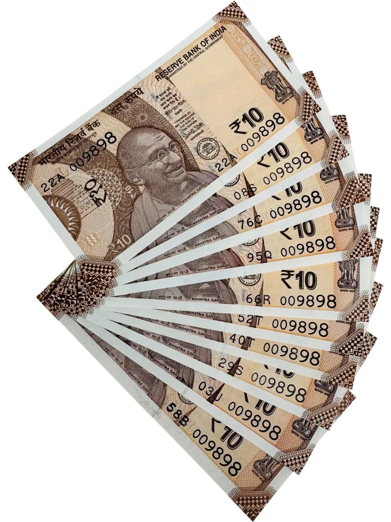Rs 10 India Banknote 10 Banknotes Number 009898 Unique and Rare