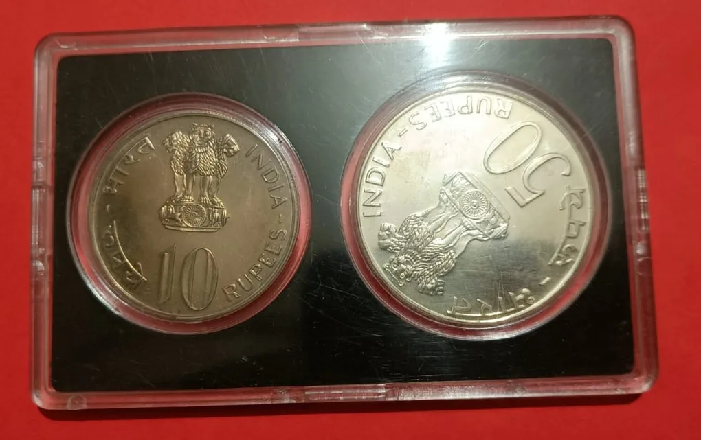 1974 - Planned Families Food For All Coins Set Bombay Mint Development Oriented Coins 10 Rs and 50 Rs alongwith Certificate and Cover