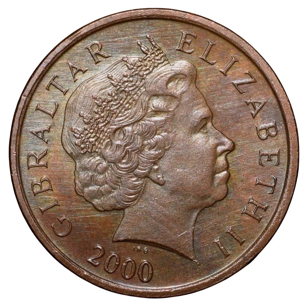 Bronze 1 Penny of Elizabeth II (AD2000) from Gibraltar Country with Barbary partridge Bird Rare