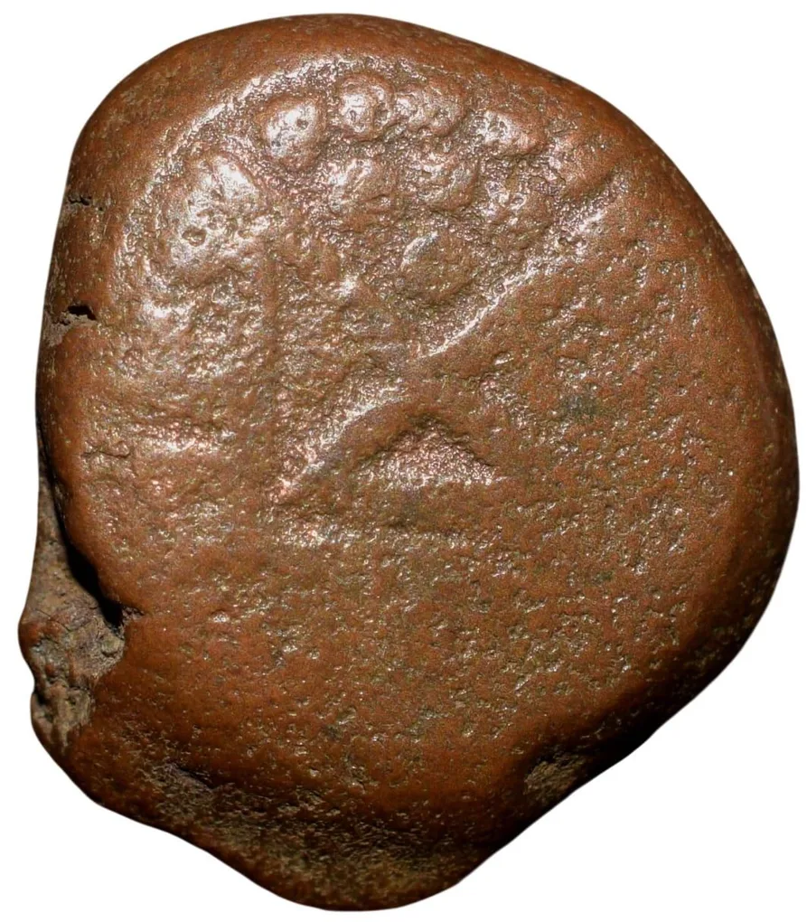 Copper Coin of Kongu Chera's (13th - 15th Cen. AD) with Bow, Tortise, Palm Tree/Two Swords Crossed on an Alter