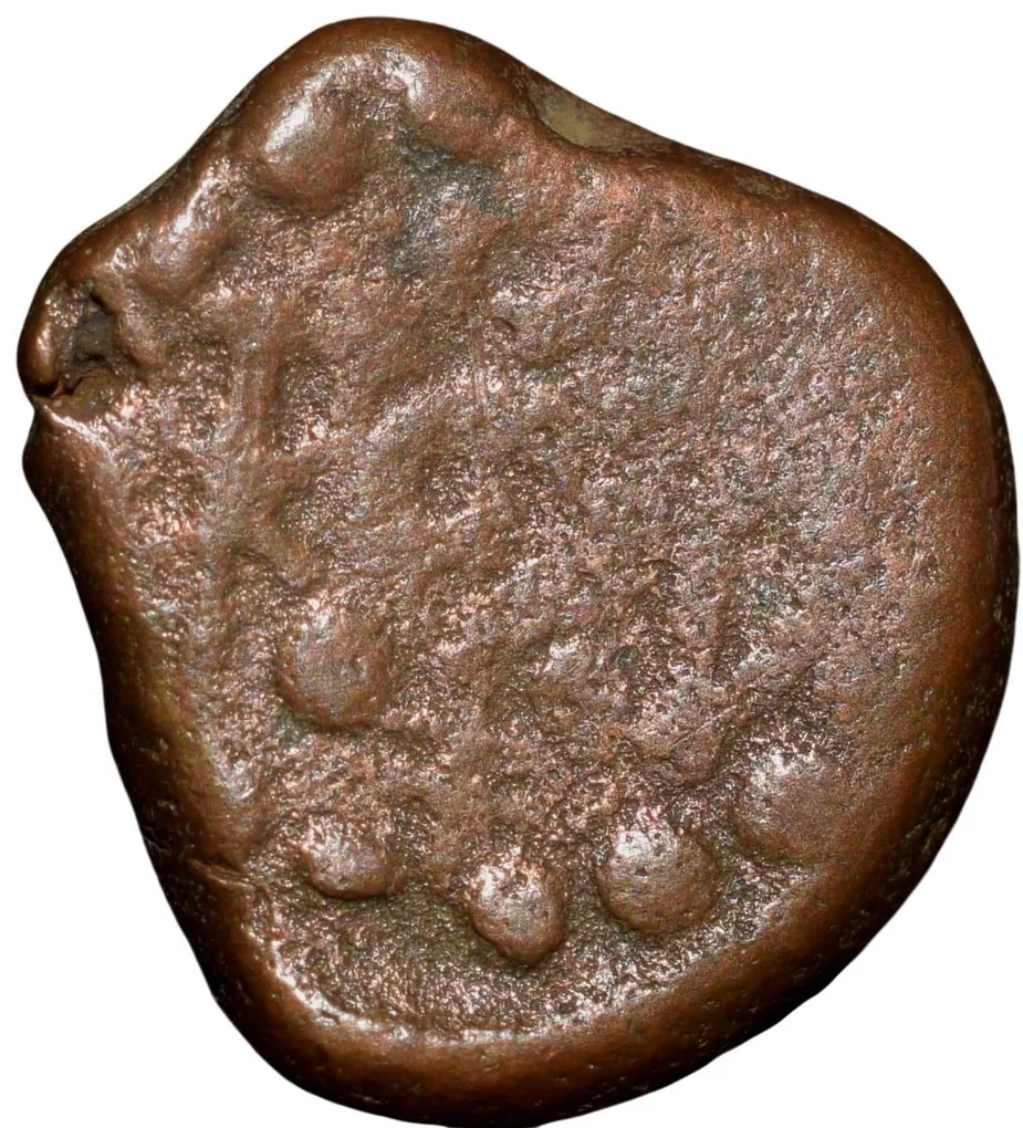 Copper Coin of Kongu Chera's (13th - 15th Cen. AD) with Bow, Tortise, Palm Tree/Two Swords Crossed on an Alter