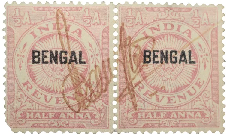 Revenue Stamp of Republic India - Red-Brown 1 Anna Over Printed 'Bengal' in Black - Block of 2 Stamps - Used Condition as per Image.