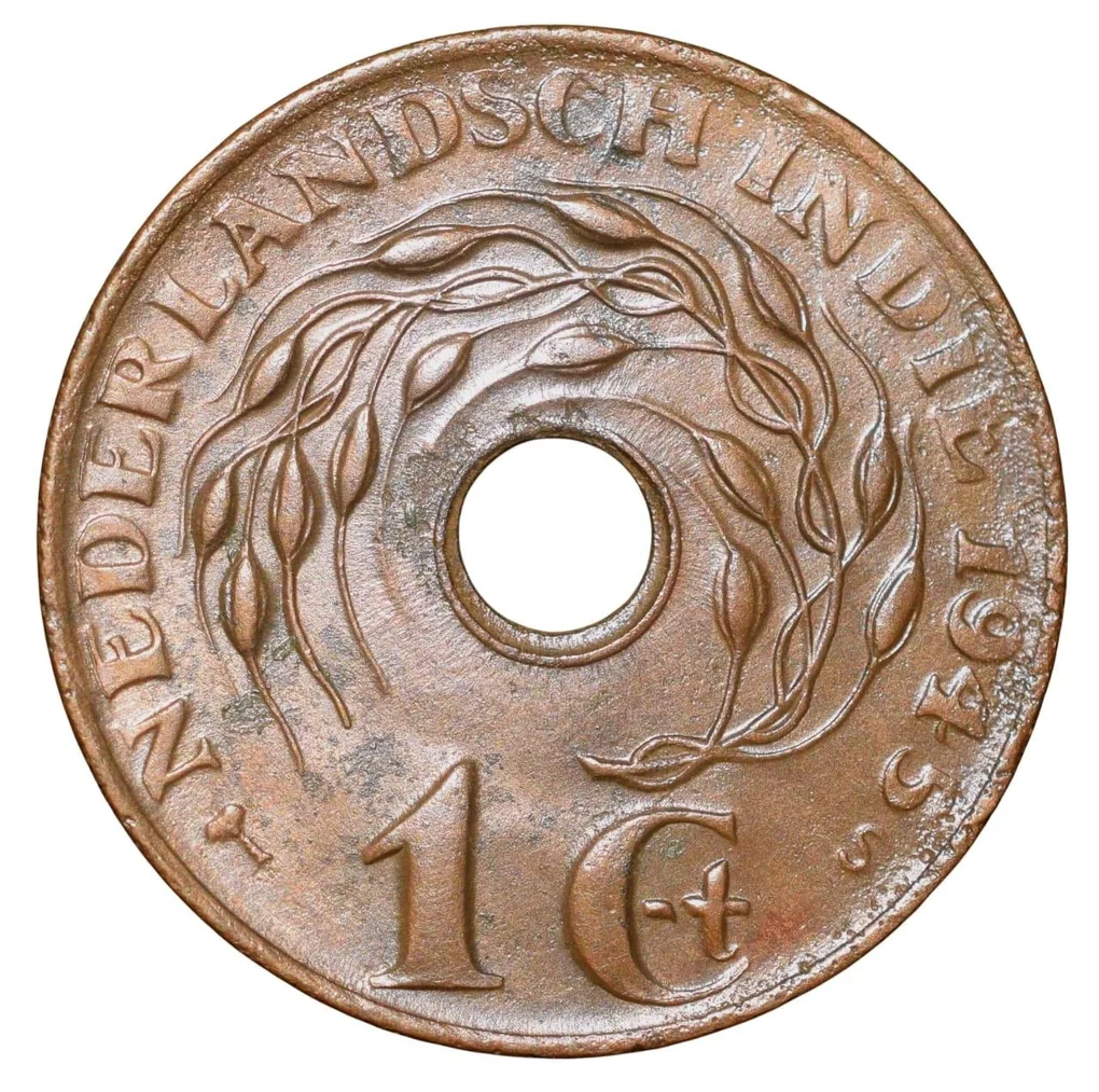 Bronze 1 Cent of Indonesia - Nederland East India (AD 1945) with Lotus Flower Ring Type Rare