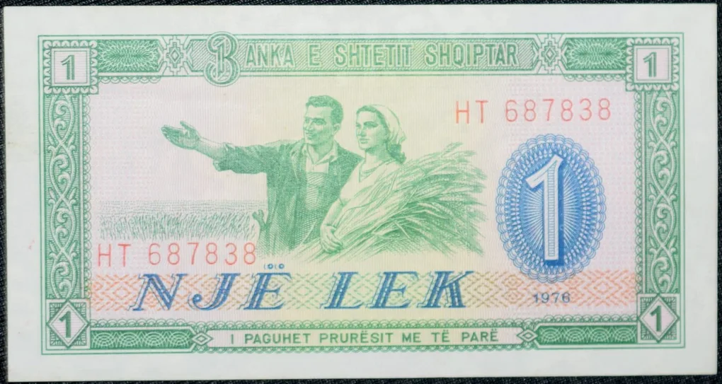 Old 1 Lek of Albania Country (AD 1976) with Albanian peasant woman with a sheaf of wheat