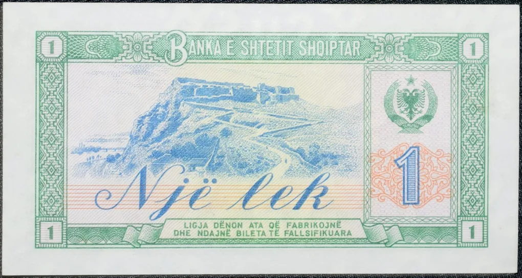 Old 1 Lek of Albania Country (AD 1976) with Albanian peasant woman with a sheaf of wheat