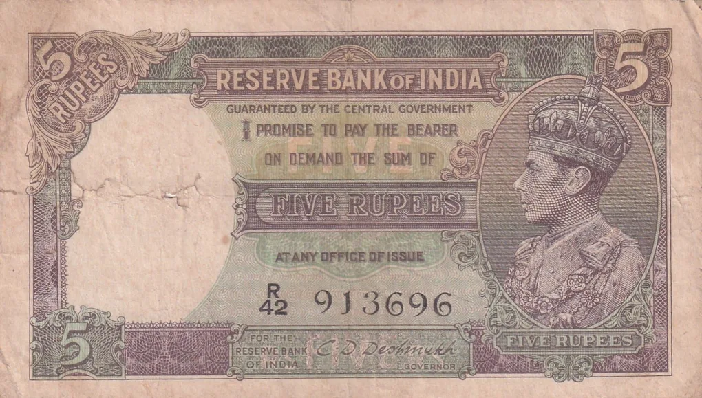5 Rupees George VI Governor C.d.deshmukh British - India 100 % Original Note