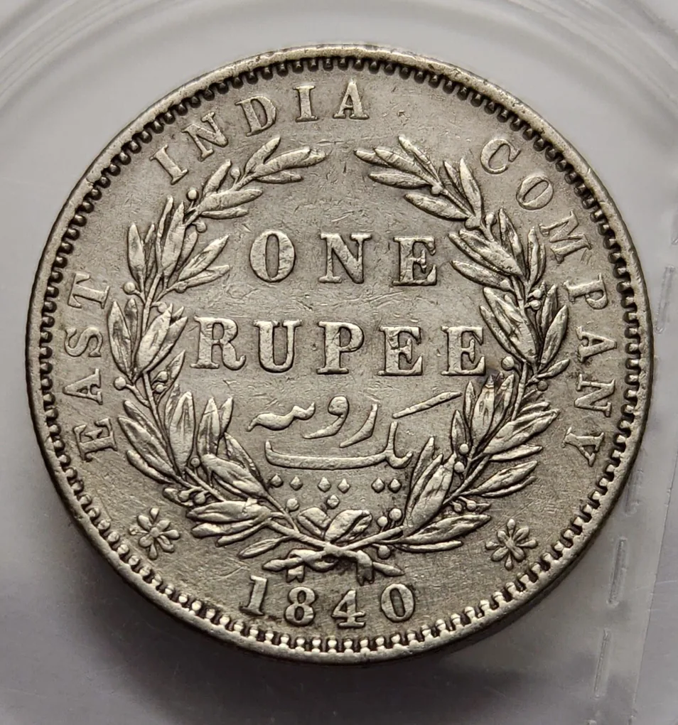 British India Victoria One Rupee 1840 WWB. Dot Divided Legend Madras Mint Silver Coin High Rare
