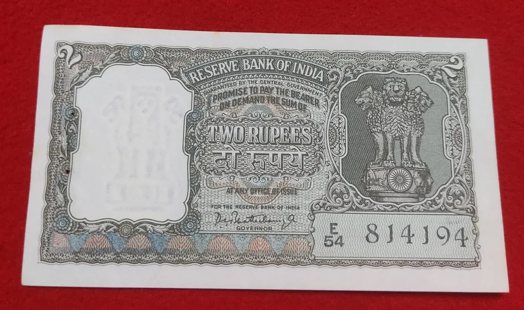 Olive Green Two Rupees Note Signature by P. C Bhattacharya Year 1965 UNC Condition
