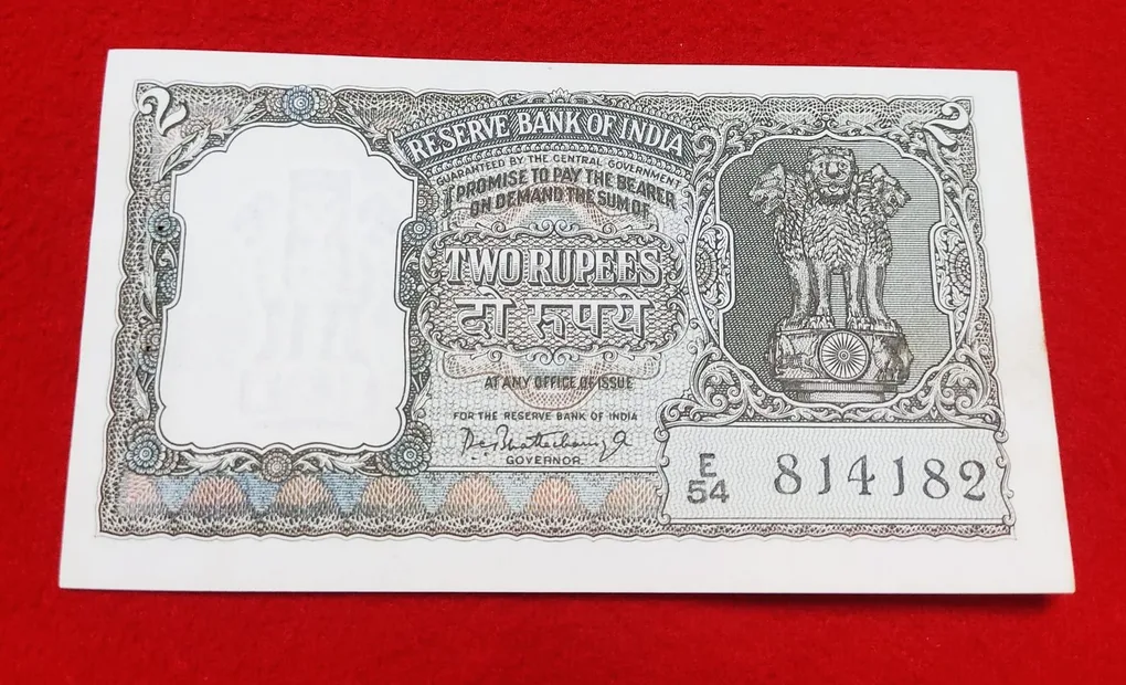 Olive Green Two Rupees Note Signature by P. C Bhattacharya Year 1965 UNC Condition