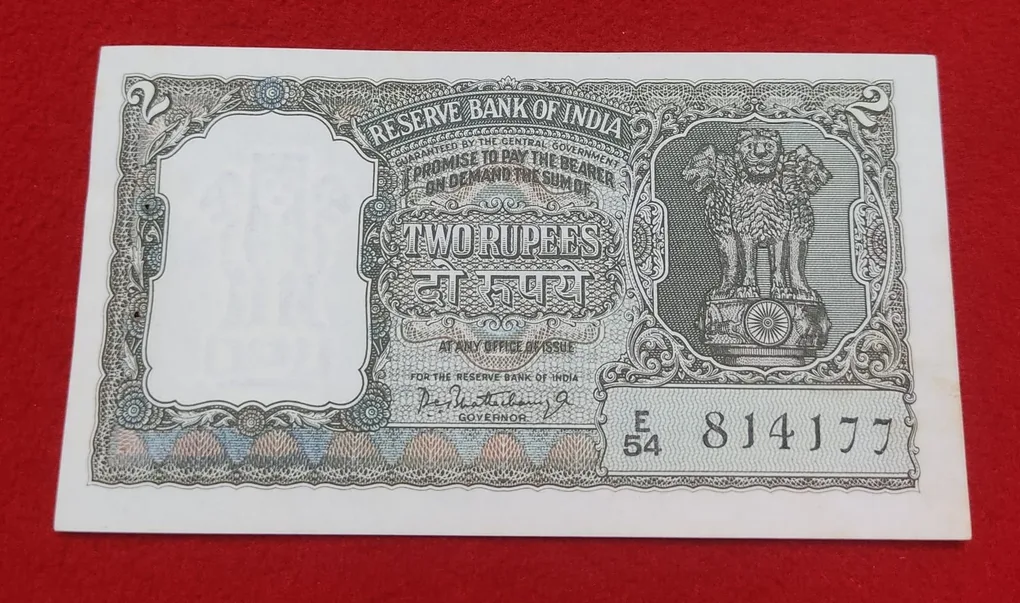Olive Green Two Rupees Note Signature by P. C Bhattacharya Year 1965 UNC Condition