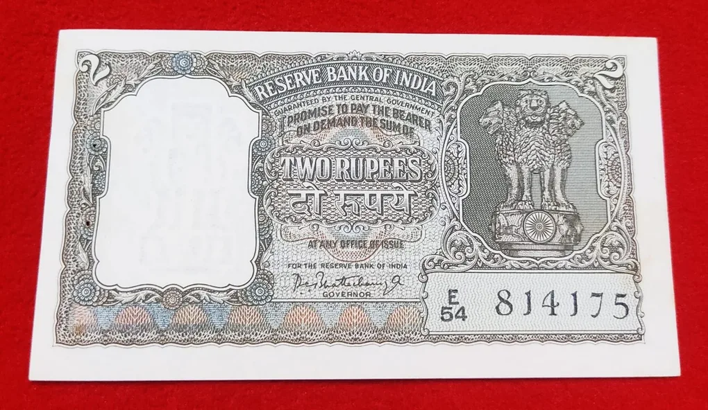 Olive Green Two Rupees Note Signature by P. C Bhattacharya Year 1965 UNC Condition