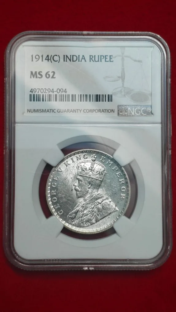 One Rupee 1914 Calcutta Mint Coin MS 62 NGC Graded