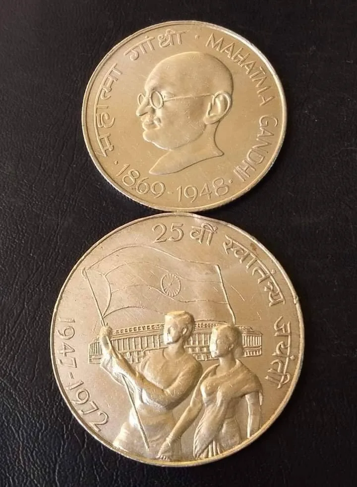 India Bharat Commemorative 2 Different Silver 10 1 Mahatma Gandhi 1969 Silver 10₹. WT 15 GM 2. 25;th Independence anniversary Very Beautiful Silver 10₹ Year 1972 Weight 22 gm Excellent Condition as Images