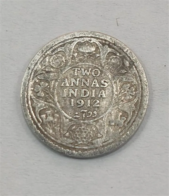 British India 2 Annas 1912 George V Rare Silver Coin #AA-51