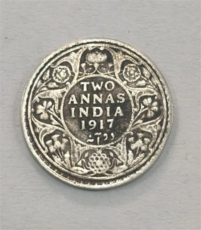British India 2 Annas 1917 George V Rare Silver Coin #AA-50