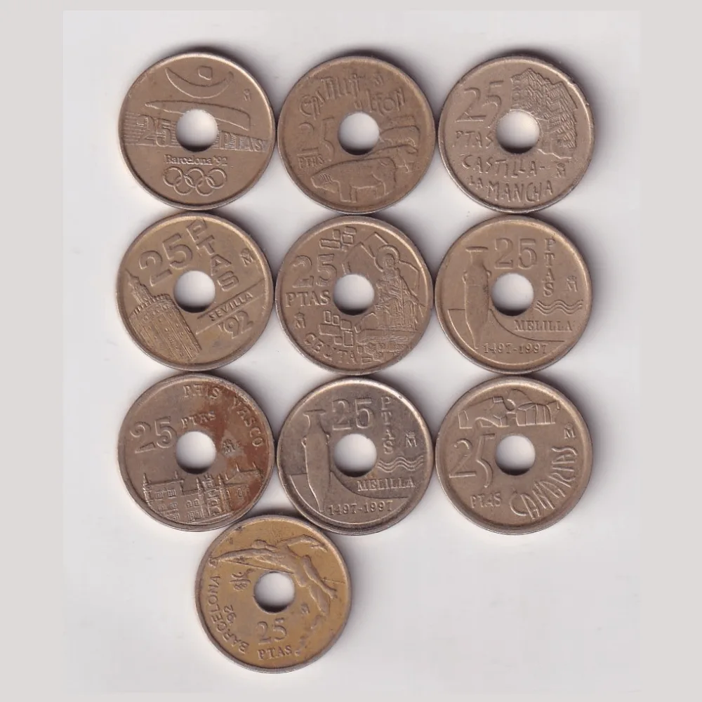 10 Different Commemorative Spain 25 Pesetas Rare (10 Coin Set) #AA-17