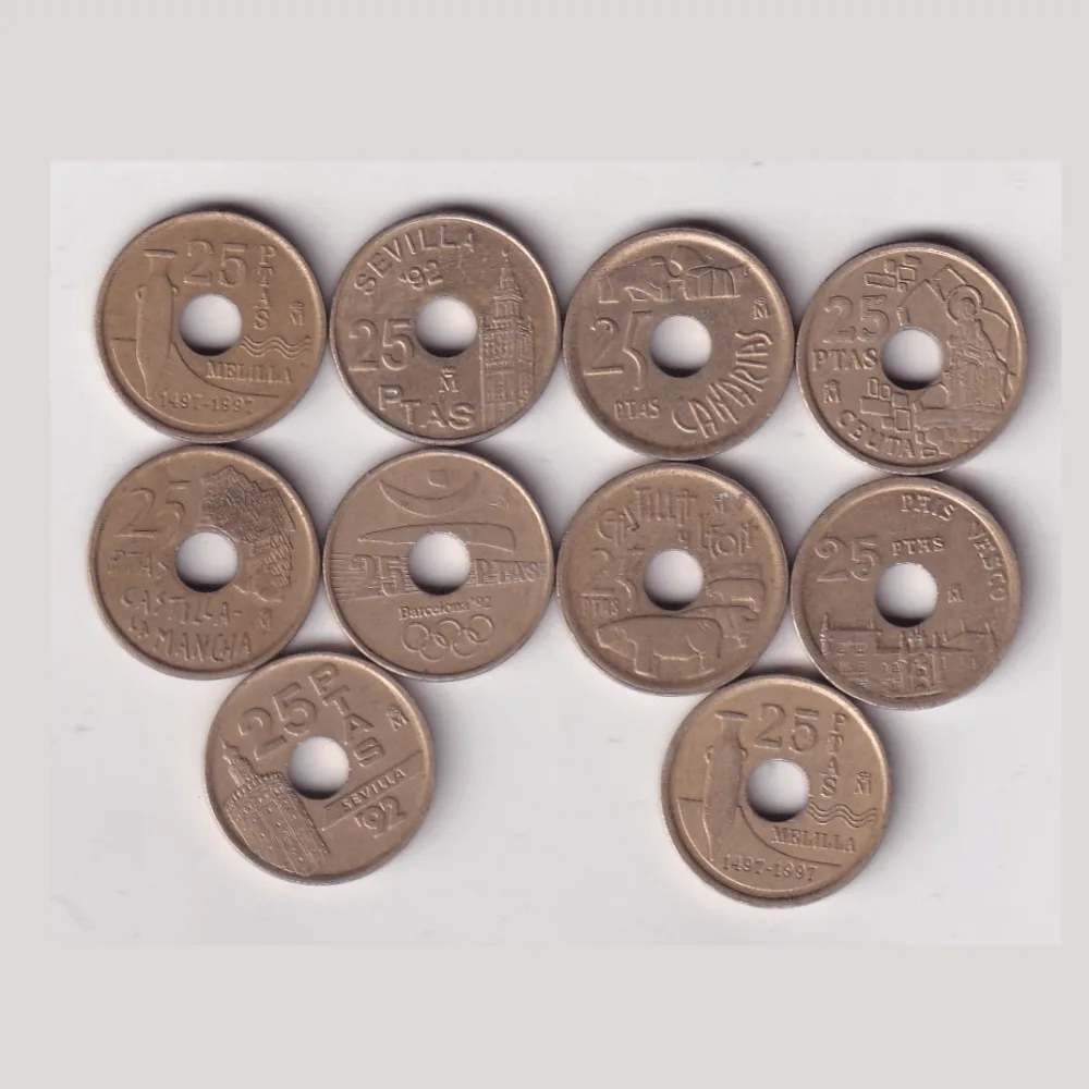10 Different Commemorative Spain 25 ptas Rare ( 10 Coin Set) #AA-20