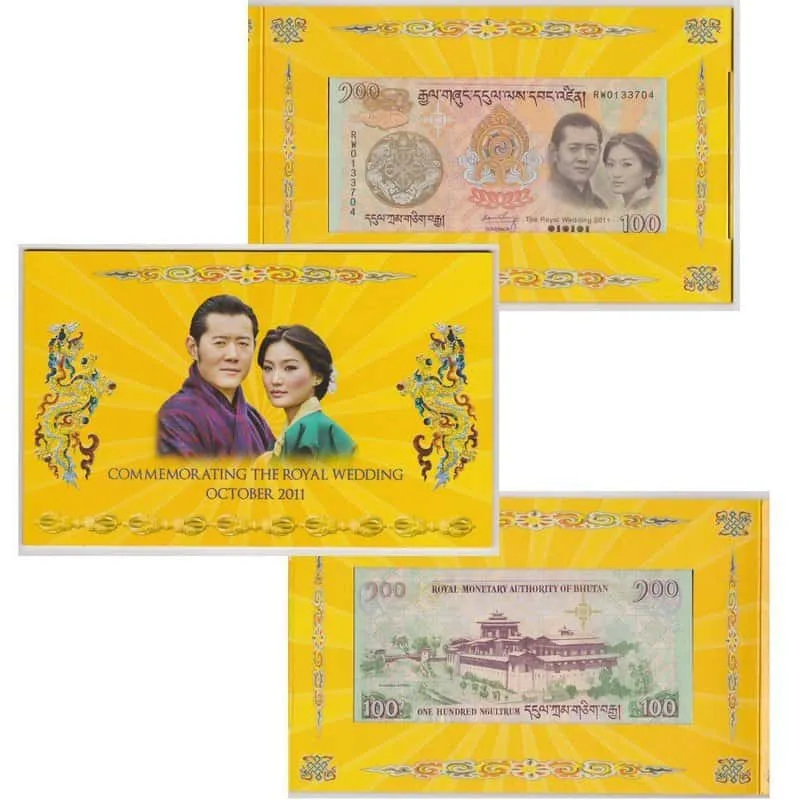 2011 Bhutan Royal Wedding Commemorative 100 Ngultrum With Folder “Commemorative issue – Royal Wedding October 2011” ~ Uncirculated