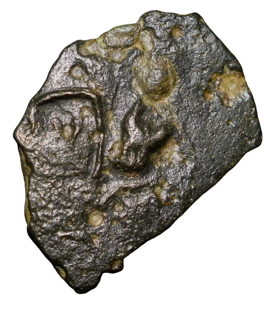 Copper Coin of Dharmabhadra of Bhadra/Mitra Dynasty(2nd Cen.BC) River with Fish, Nandipad within Circle & Legends