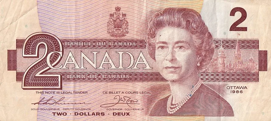 2 Dollars 1986 Canada Very Fine Note #2