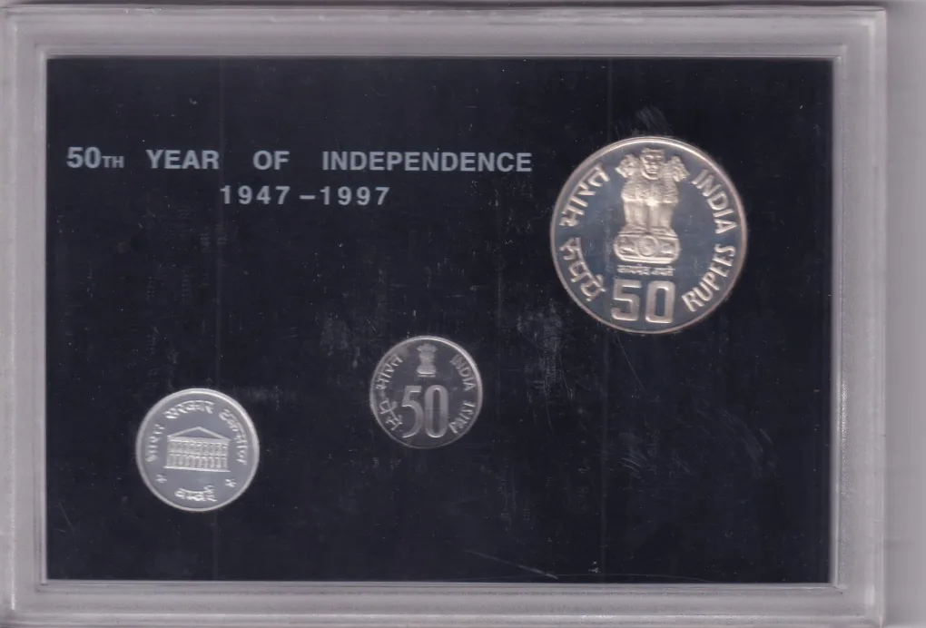 50th YEAR OF INDEPENDENCE  1947-1997 INDIA GOVT. MINT BOMBAY COMMEMORATIVE VIP 3 COINS PROOF SET RARE