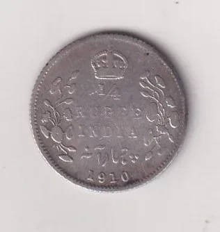 India - British ¼ Rupee 1910 - Edward VII Rare Silver Coin