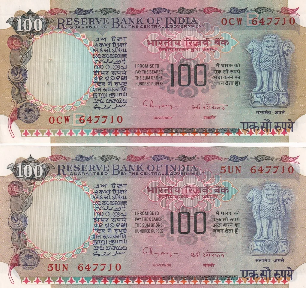 Same Suffix Number (647710) 100 Rupees Governor C. Rangarajan Old Issue (2 Note) Set