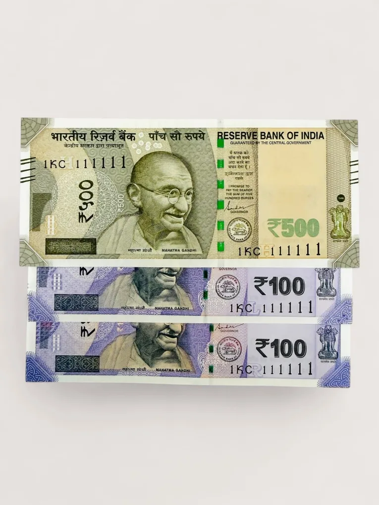 Rs 500 and 100 Ultra Unique Pair Set of Banknotes Same Number 1KC 111111 Gem UNC Unique and Rare