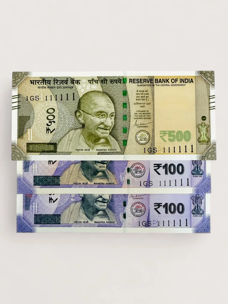 Rs 500 and 100 Ultra Unique Pair Set of Banknotes Same Number 1GS 111111 Gem UNC Unique and Rare
