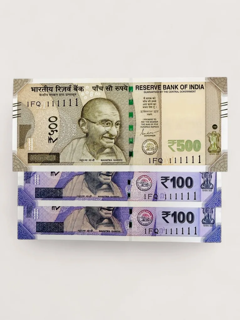 Rs 500 and 100 Ultra Unique Pair Set of Banknotes Same Number 1FQ 111111 Gem UNC Unique and Rare