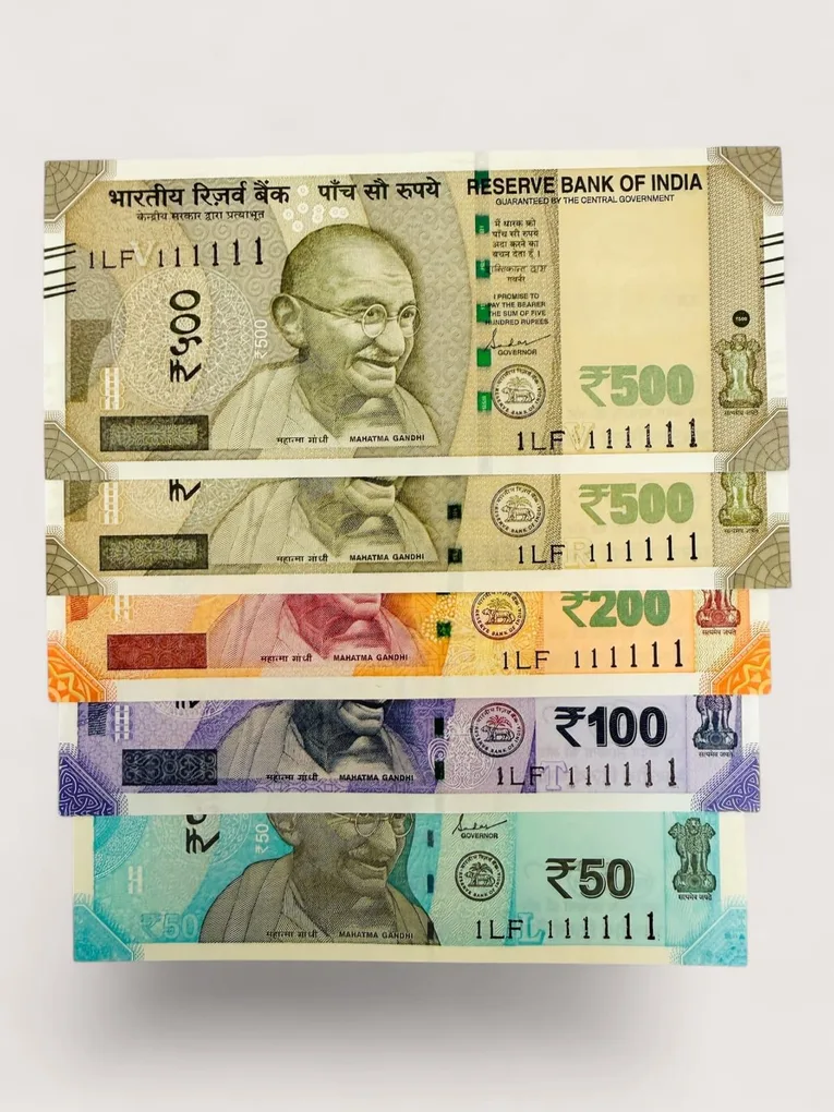 Rs 50 and 500 Ultra Unique Pair Set of Banknotes Same Number 1LF 111111 Gem UNC Unique and Rare