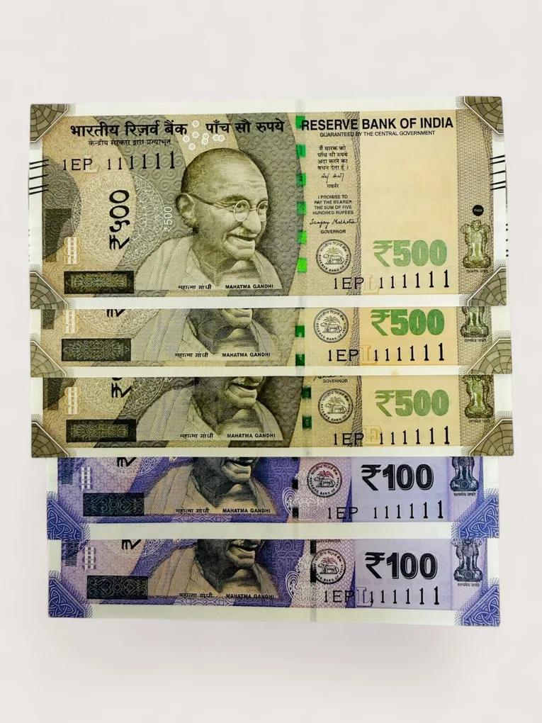 Rs 50 and 500 Ultra Unique Pair Set of Banknotes Same Number 1EP 111111 Gem UNC Unique and Rare