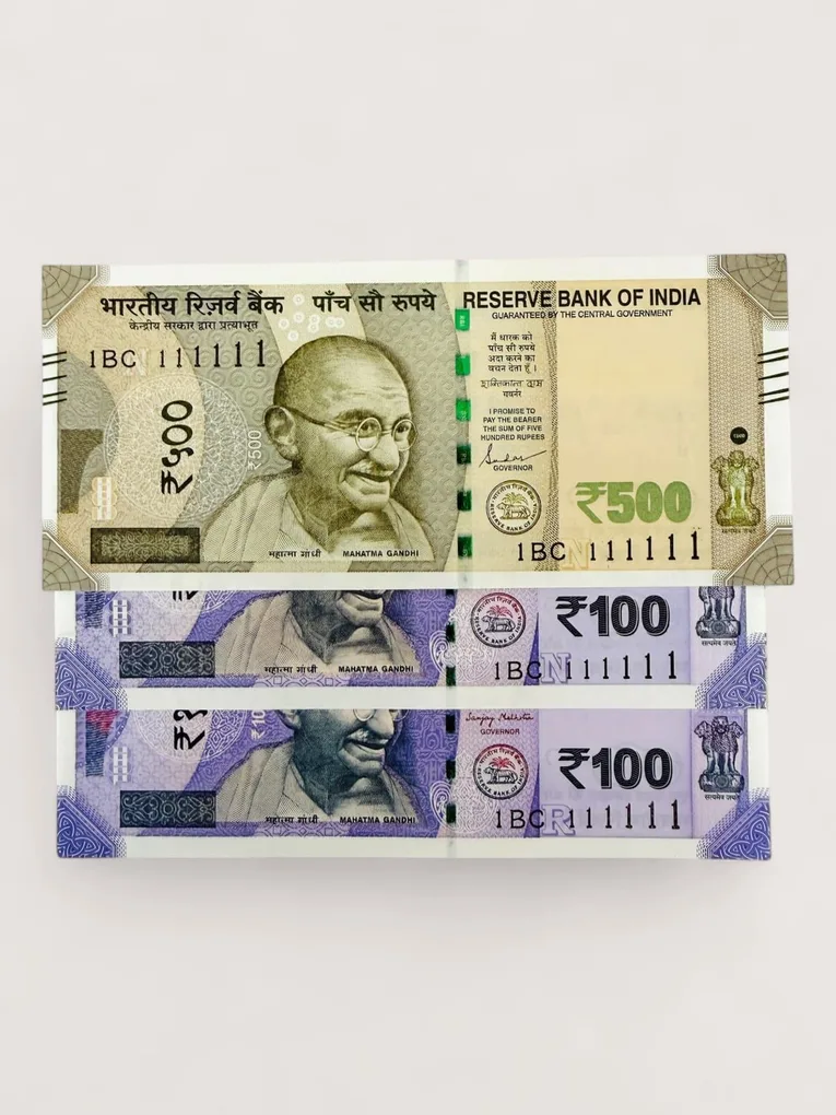 Rs 100 and 500 Ultra Unique Pair Set of Banknotes Same Number 1BC 111111 Gem UNC Unique and Rare